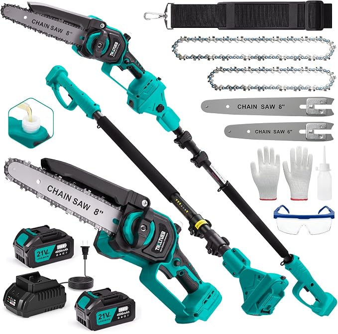 TNELTUEB 4-In-1 Cordless Pole Saw & Mini Chainsaw, 6"&8" Pole Saws For Tree Trimming with 15.6ft Extendable Pole, 180° Adjustable Angle, 1000W Brushless Motor, Electric Chainsaw with 2×4.0Ah Batteries