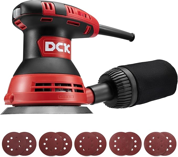 DCK Random Orbital Sander, 3.0 AMP Corded Palm Sander, 6 Speeds Max 12,000 OPM, 5-Inch with 10 pcs Sandpapers, Dust Bag, Low Vibration for Woodworking, Decoration Furniture (KSA125)