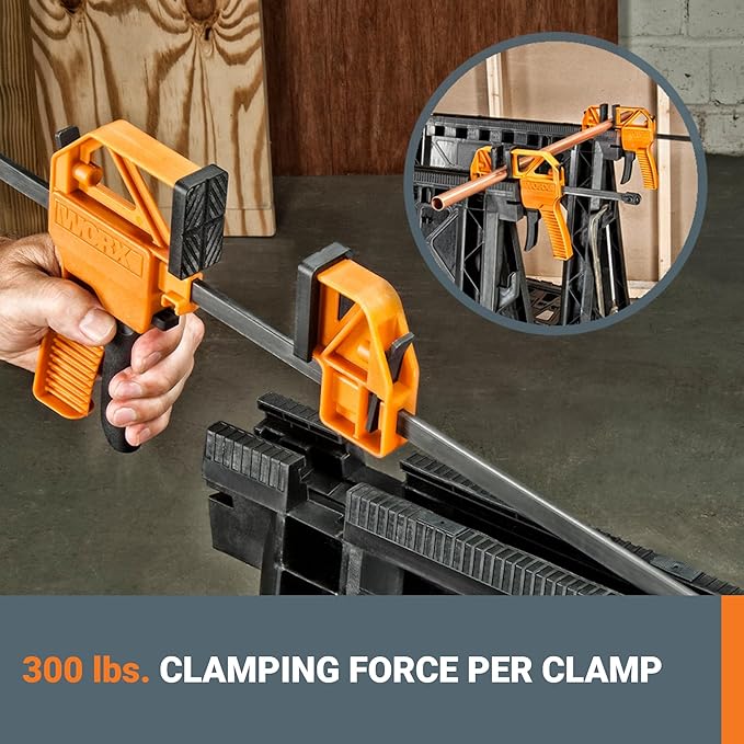 Worx WX065.3 Clamping Sawhorses with Bar Clamps and 7 Inch Metal Triangle Ruler
