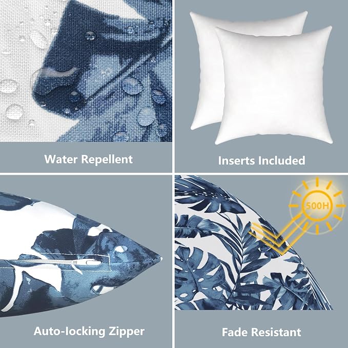 LVTXIII Outdoor Throw Pillows, Decorative Throw Pillows with Inserts, 16"x16" Square Pillows for Bed, Couch, Sofa and Patio Furniture, Set of 2, Palm Blue