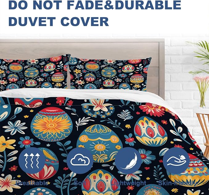 Batmerry Easter Eggs Flowers Twin Size 100% Cotton Duvet Cover Sets, Decorative with Colorful Eggs Blooms Bedding Set with Zipper Closure Corner Ties, 3 Pieces (1 Cover + 2 Pillowcases No Comforter)