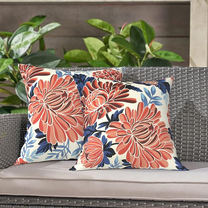 LVTXIII Outdoor Throw Pillows 16x16 Inch, Set of 2 Square Decorative Pillows with Inserts for Patio Furniture, Porch Chair, Garden Sofa, Vibrant Blossom