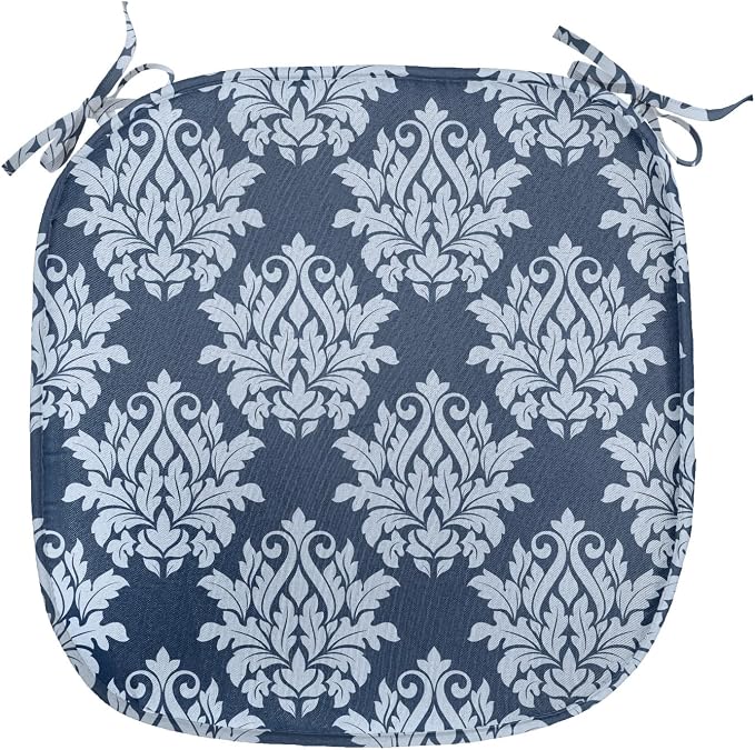 Lunarable Damask Blue Chair Seating Cushion Set of 12, Abstract Antique Royal Motif with Leaves and Swirls, Anti-Slip Seat Padding for Kitchen & Patio, 16"x16", Ceil Blue Violet Blue