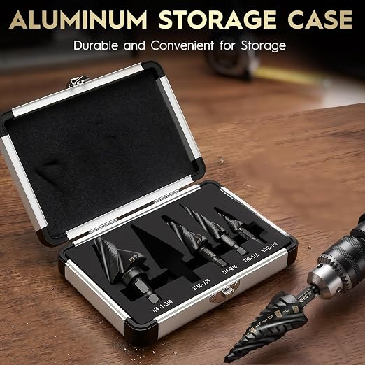 5PCS Titanium Step Drill Bit - Four Spiral Flute HSS Step Bit, 50 Sizes from 3/16" to 1-3/8", Steps Bits for Metal, Aluminum, Wood & Plastic, for Electricians & DIY