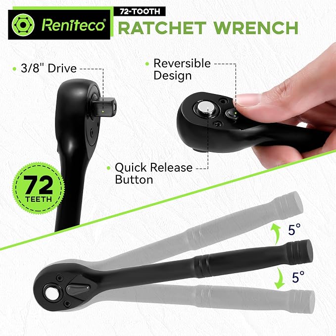 Reniteco 95-Piece 3/8" Drive Socket Set, SAE 5/16"-3/4" & Metric 8-22mm | Ratchet Handle, Extension Bar, Adapters, Universal Joint, Drill Adapter, Screwdriver Bits, Spark Plug Sockets