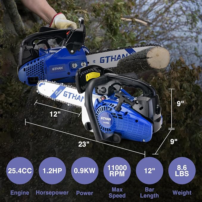Top Handle Chainsaw Gas Powered Chainsaws 12 Inch 25.4cc 2-Cycle Portable Chain Saw for Tree Wood Cutting