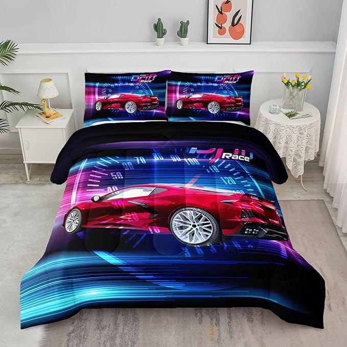 Axolotl Race Car Bedding Set - Full Size Boys Extreme Sports Comforter Set with 2 Pillowcase Car Racing Gifts