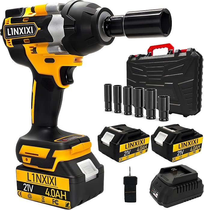 Cordless Impact Wrench 1000N.m (740Ft-Lbs) with 21V 2X4.0mAh Batteries | 1/2 Inch Impact Drive, Brushless Motor 0-3300PRM, 3-Mode Speed, 1/2" Impact Gun with 6 Socket for Home Car Pickup Truck RV