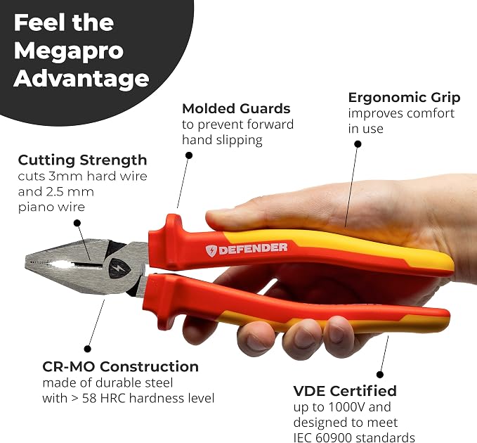 MEGAPRO® DEFENDER Pliers | 1000V VDE Certified | 8.5" Long | Insulated | Electricians Tools (Combo Pliers)