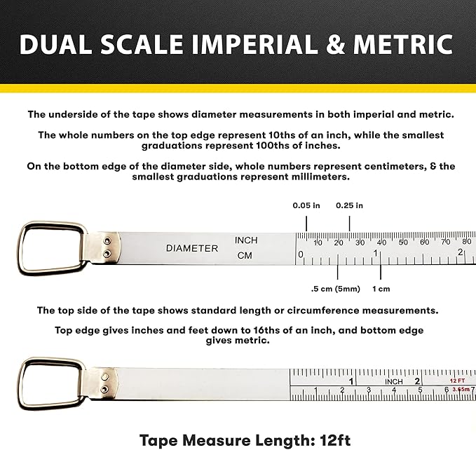 Perfect Pi Diameter Circumference Tape Measure - Imperial and Metric Tape Measure 1/2-inch by 12ft / 3.5m Use for Measuring Cylindrical Objects (Pipe Tape, Tree Tape) Model DCT120