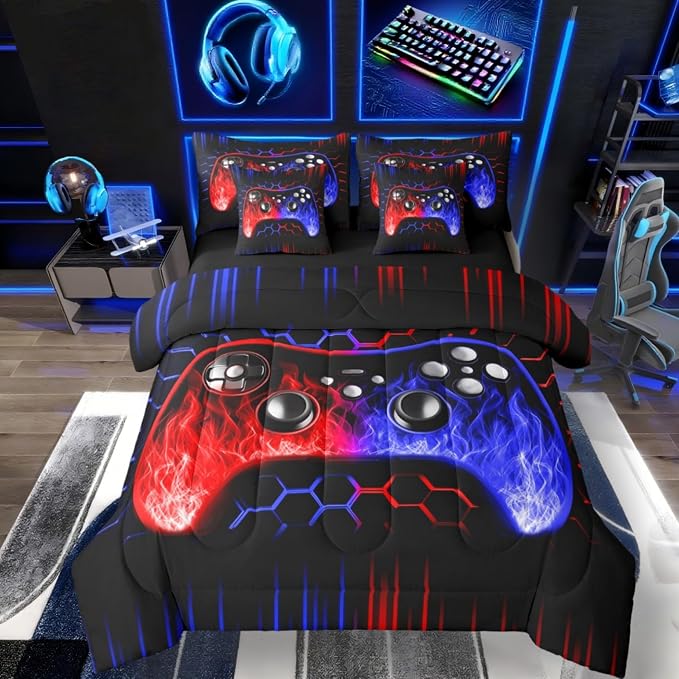 Erosebridal Boys Gamer 7 Piece Comforter Set Full Bed in a Bag Ombre Art Honeycomb Sheet Set Red Blue Neon Lights Bedding Set Game Consoles Bed Set Geometry Hexagon Beehive Gaming Room Decor
