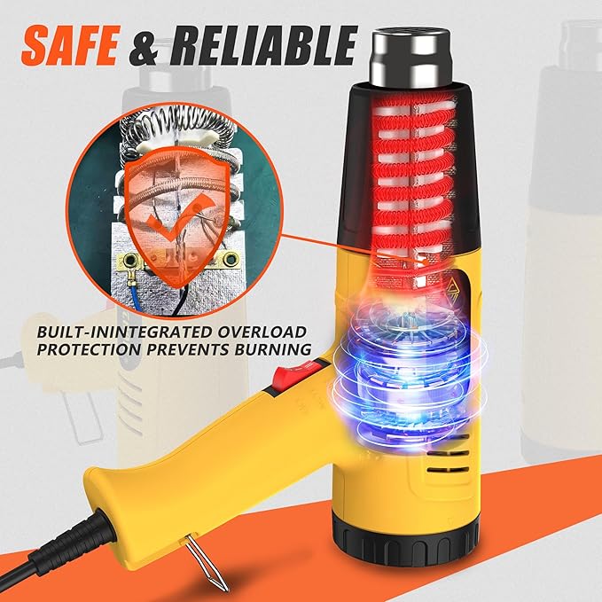 Includes four-piece heat gun set and hard-sided carrying case/accessory kit, yellow. (JF2000AA)