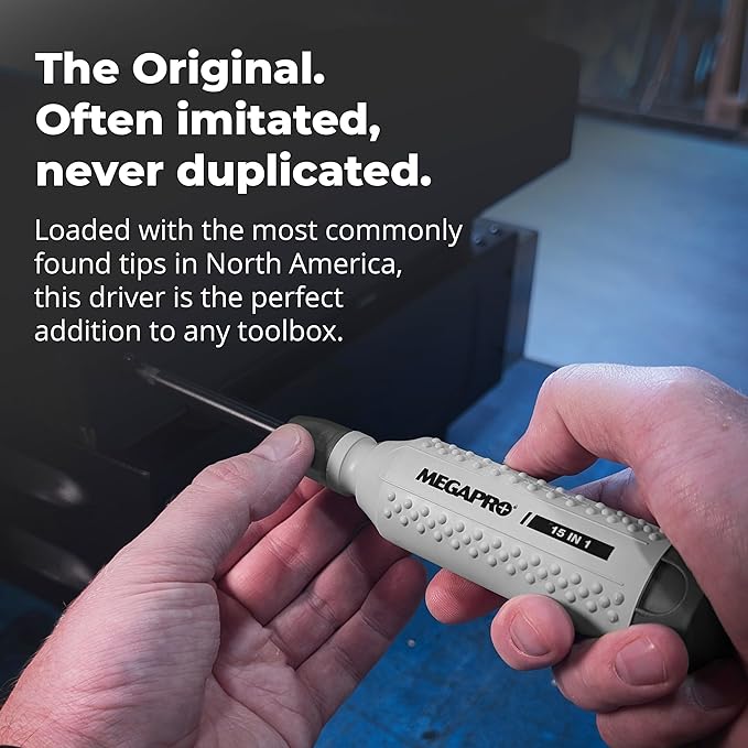 MEGAPRO® 15-in-1 Original Multi-bit Screwdriver | Home DIY & Repair | Construction | Tradeswork | 14 Industrial-grade bit tips | 1/4" Hex Drive in shaft (Original NAS Light Grey/Charcoal)