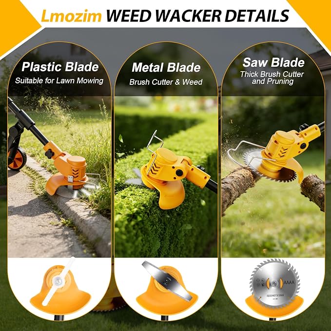 Electric Weed Wacker Cordless, Electric String Trimmer with 3 Types Blades & Removable Auxiliary Wheels, Brush Cutter & Grass Trimmer & Lawn Edger with for Garden Yard (YellowB)