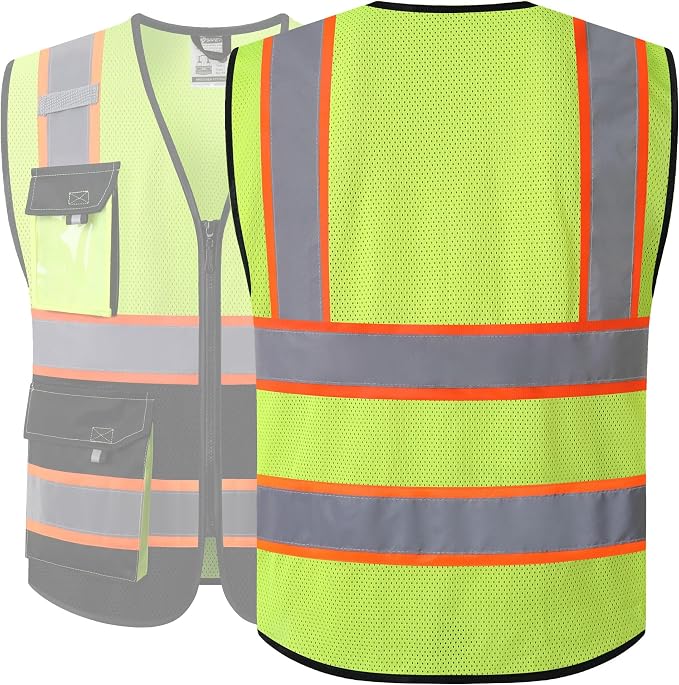 JKSafety Hi Vis Reflective Safety Vests for Men Women High Visibility Vest with Pockets Mesh Fabric Construction Safety Apparel Neon Vest for Work (220-YBlack L)