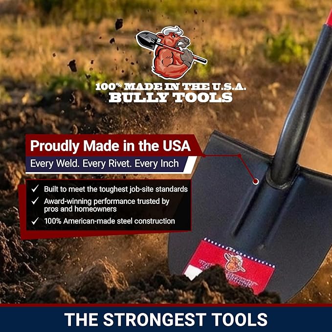 Bully Tools Round Point Heavy Duty Shovel - 12-Gauge Fiberglass Long Handle, Strong Metal Construction, Ideal for Gardening, Digging and Landscaping, Square and Flat Head Design - 100% Made in the USA