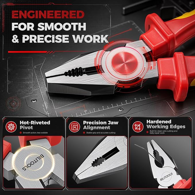 BILITOOLS High Leverage 1000V Insulated Pliers Set, Cr-Mo Electrician Tools