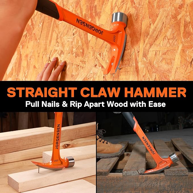 Jorgensen 22 oz Framing Hammer, Straight Claw Hammer with Magnetic Nail Holder, Rip Claw Hammer with Milled Face, Side Nail Puller, Shock Absorbing Grip, Heavy Duty One-piece Forged Hammer