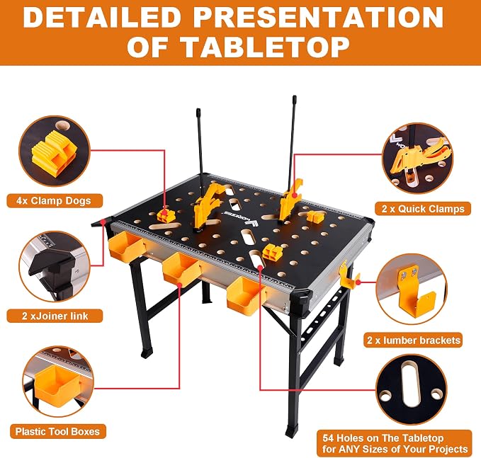 WORKESS Portable Workbench 1000Lbs Capacity Heavy Duty Folding Work Table with 2 Quick Clamps, 4 Bench Dogs, 3 Tool Boxes for Garage Easy Storage