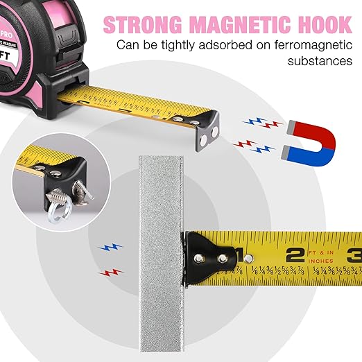 WORKPRO Pink Heavy Duty Tape Measure, 25FT Retractable Tape Measurement, Double Retract Long Stand Measuring Tape Accuracy 1/32 for Engineer, with Magnetic Hook, Belt Clip, Rubber Protective Casing