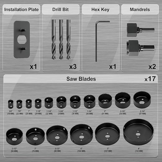 KATA Hole Saw Kit, 24PCS Hole Saw Set with 3/4"-6"(19-152mm) Multi-Size Saw Blades, Precision Hole Saw Drill Bit Kit with Mandrels & Solid Storage Case Cutting for Drywall, Soft Wood, PVC, Plastic