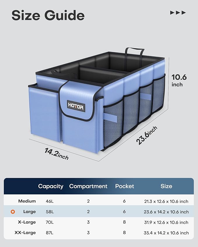 HOTOR Trunk Organizer for Car - Car Organizer, Foldable Trunk organizer for SUVs & Sedans, Sturdy Organization for Car Accessories, Tools, Sundries, Blue, 2 Compartments, 23.6"×14.2"×10.6"