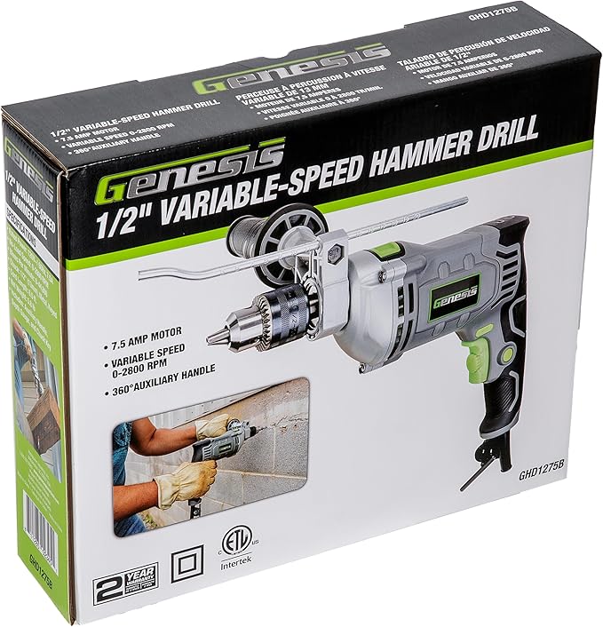 Genesis 7.5 Amp 1/2 Variable Speed Heavy-Duty Hammer Drill with Depth Gauge, Chuck Key, Auxiliary Handle GHD1275B