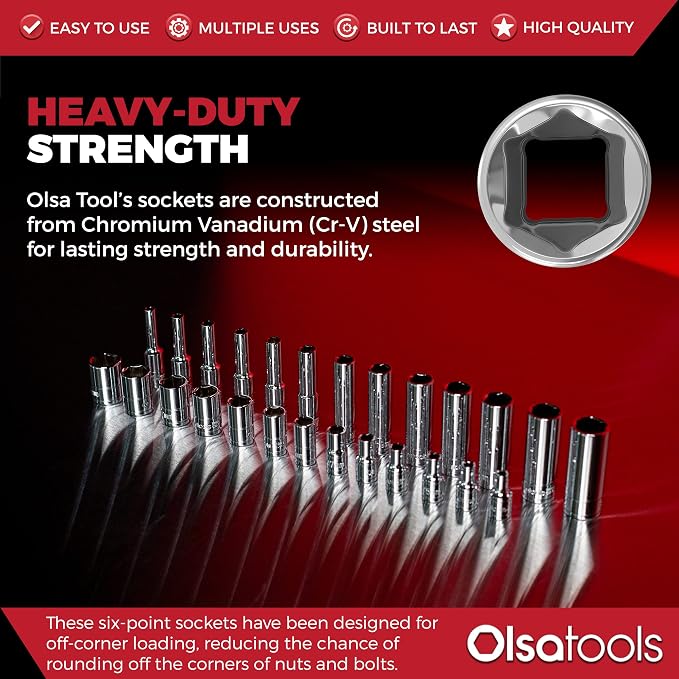 Olsa Tools 1/4-Inch Drive SAE Deep Socket Set - 14pc | 6-Point Chrome Vanadium Sockets, 4mm–15mm, No Skipped Sizes - Professional-Grade SAE Socket Sets - Part: 1328