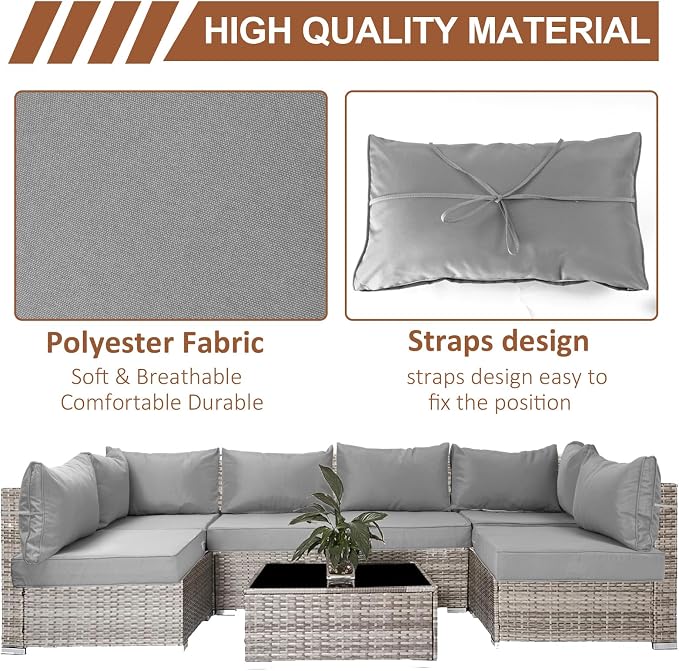 14 Piece Outdoor Patio Cushion Covers Replacement, Waterproof Outdoor Furniture Cushion Covers, Fit 7 Pcs 6 Seater Wicker Rattan Conversation Sofa Set,Light Gray(Only Cover) 25.6x25.6