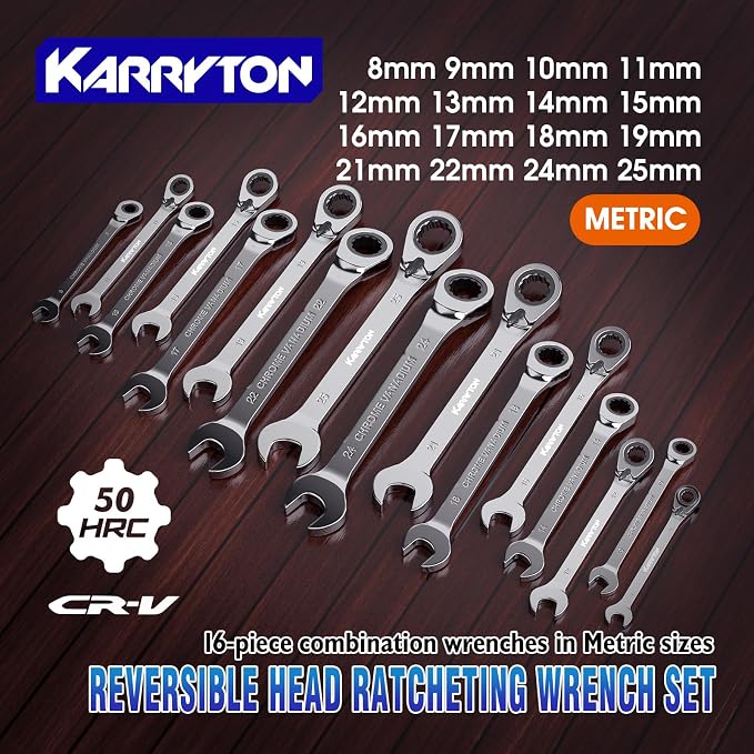 16-piece Reversible Ratcheting Wrench Set Metric 8-25mm, 72 Teeth Ratchet Combination Wrenches Set with Rolling Bag, Cr-V Steel, Chrome Plating Handle with Blackened Ratchet