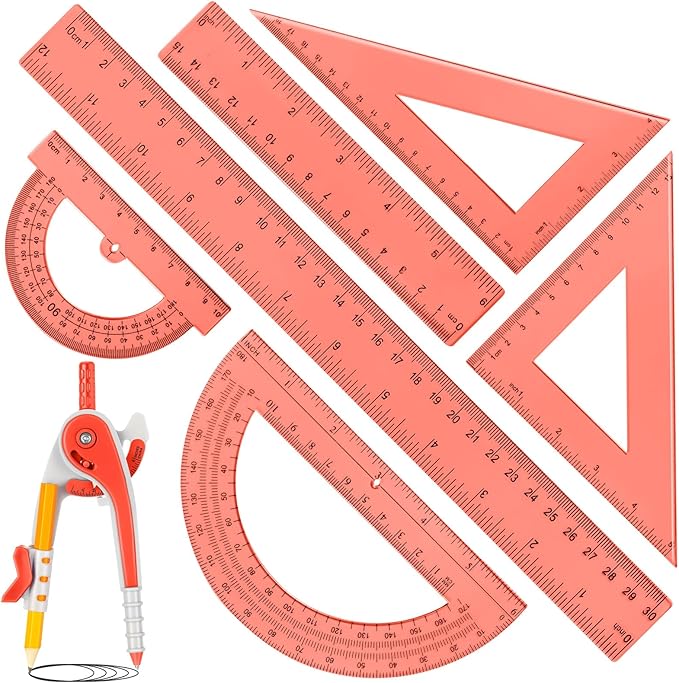 Zonon 1 Set Plastic Geometry Math Set 7 Pcs Includes 6'' / 4 '' Protractor, Drawing Compass, 45/60 Degree Triangle Rulers, 12'' / 6'' Math Ruler Transparent for Office Supplies(Orange)