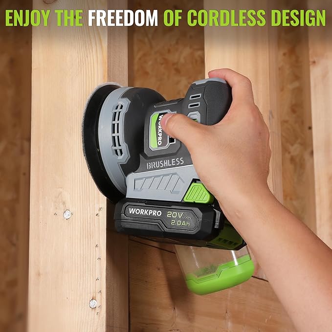 WORKPRO 5-Inch Cordless Random Orbital Sander, 20V Brushless Electric Orbit Sander, 6 Variable Speeds 6000-12000 RPM, Palm Sander with Battery, Dust Collector, 15 PCS Sanding Discs for Woodworking
