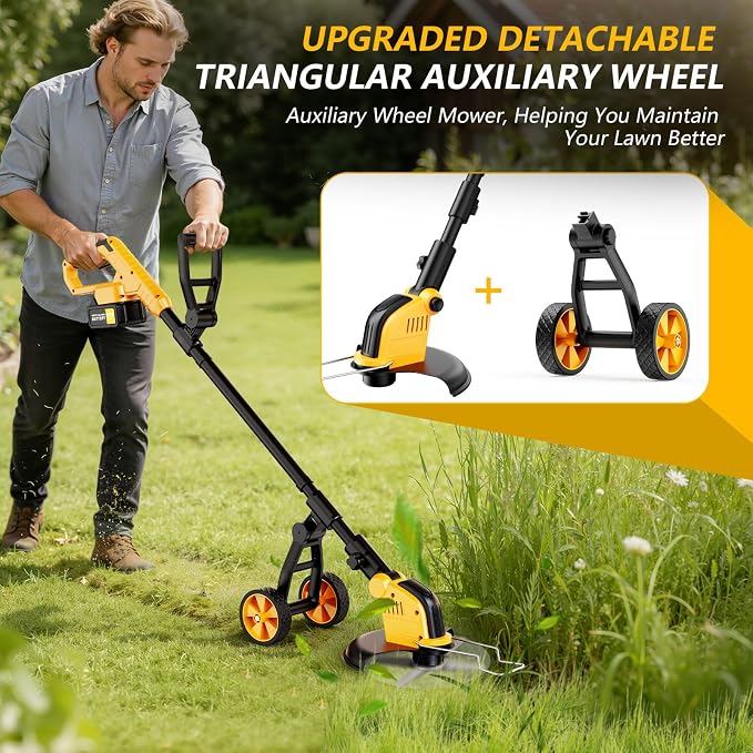 Electric Weed Wacker Cordless, Electric String Trimmer with 3 Types Blades & Removable Auxiliary Wheels, Brush Cutter & Grass Trimmer & Lawn Edger with for Garden Yard (YellowA)