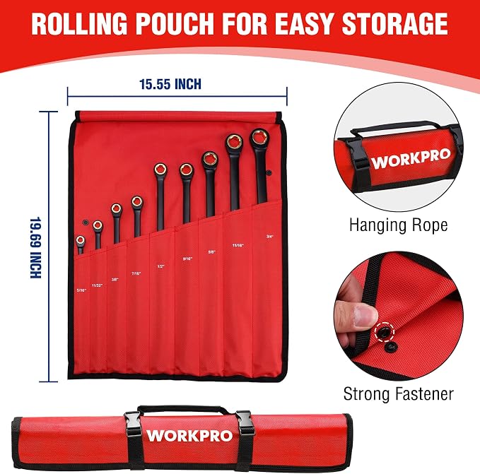 WORKPRO Extra Long Ratcheting Wrench Set, 9-Piece Anti-Slip Double Box End Wrench Set, SAE 5/16-3/4 in, 72-Tooth, Cr-V Steel and Black Electrophoretic Coating Wrenches with Rolling Pouch