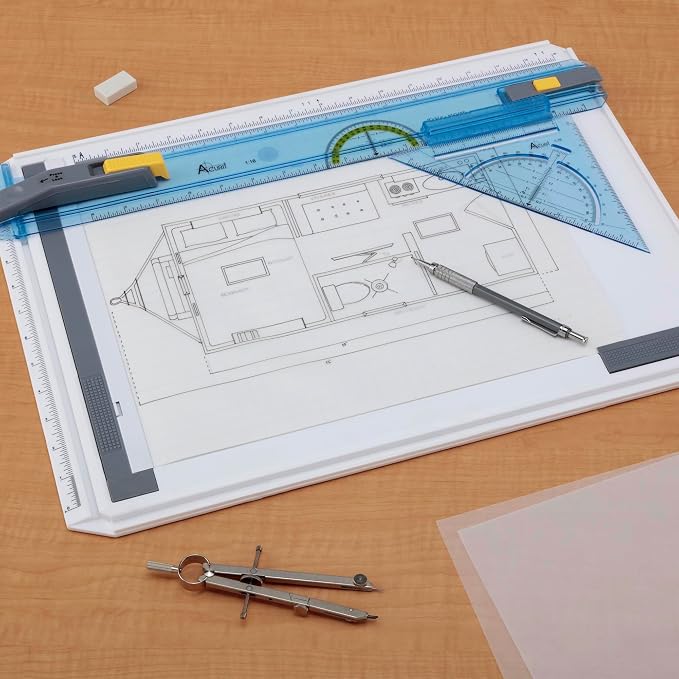 Acurit Technical Drawing Board - Portable Drafting Table with Multi-Tool Kit, Break-Resistant Plastic, Straight-Edge Lock Mechanism, Transparent Ruler, Protractor, Clamping Rail - 14.5"x19.75"
