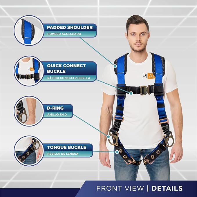 Full Body Harness with 5 Point Adjustment, Dorsal D-ring, Grommet Legs, Two Side D Rings, and Fall Indicators