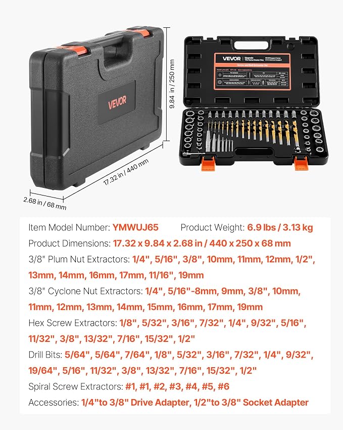 VEVOR Bolt Extractor Kit, 65 Pieces Easy Out Screw Extractor Set, Lug Nut Removal Tool with Left Hand Drill Bit Set for Removing Damaged, Frozen, Broken, Rusted, Rounded-Off Bolts, Nuts & Screws