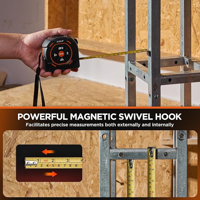 Laser Tape Measure 2-in-1, 197Ft Laser Distance Meter & 16Ft Digital Tape Measure, with LCD Display, Pythagorean Mode, Area/Volume Calculation, USB-C Rechargeable for Woodworking and Construction