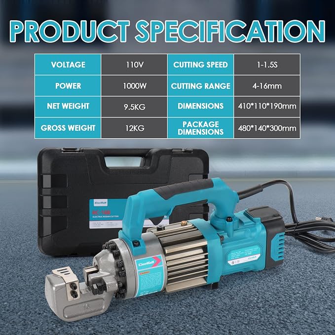 5/8 Inch Electric Hydraulic Rebar Cutter, Portable Rebar Cutter, Cutting up to 4-16mm #5 Rebar, Cutting Speed 1-1.5S 1000W RC16B (Blue)