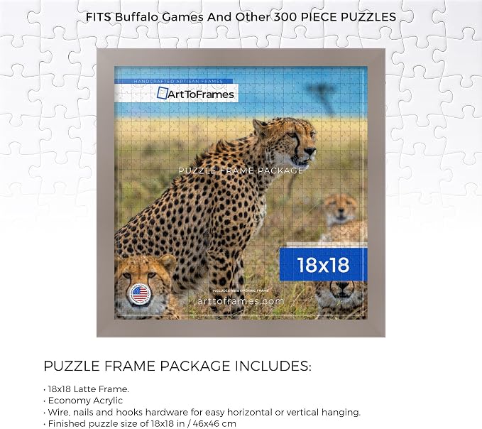 ArtToFrames Puzzle Frame for Buffalo Games 300 Piece Jigsaw Puzzles, 18x18 Inch (46x46 cm), Latte Engineered Wood with Economy Acrylic, Ready to Hang Puzzle Display