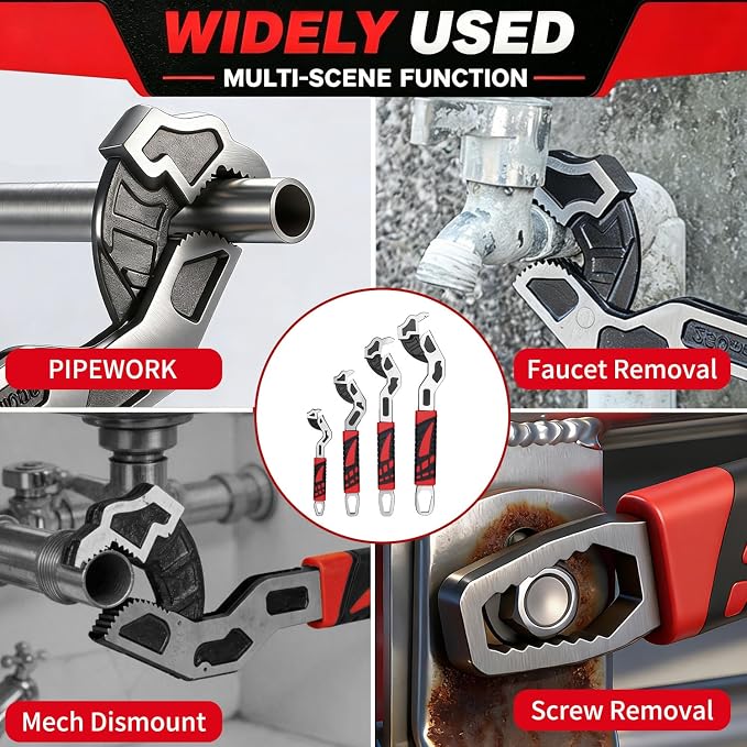 Pipe Wrench Set 6" 8" 10" 12" Self Adjusting Plumbers Wrench | Self Tightening Function, For 9/32"-1 3/8" (7-43mm), Pipe Fittings and Nuts