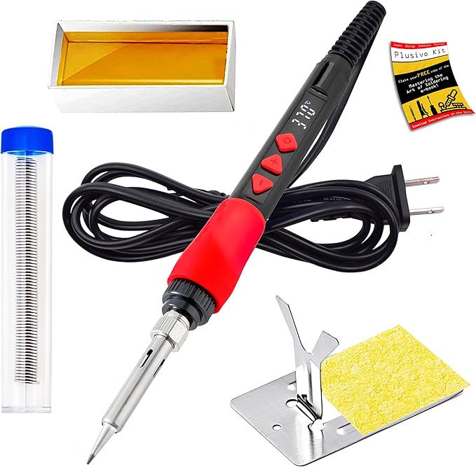 Soldering Iron Kit, 60W Digital LED Display Solder Pen, 5-in-1 Fast Heating with Solder Wire, Flux Rosin Paste, Mini Stand, Sponge for Electronics Repair Hobby DIY 120V from Plusivo