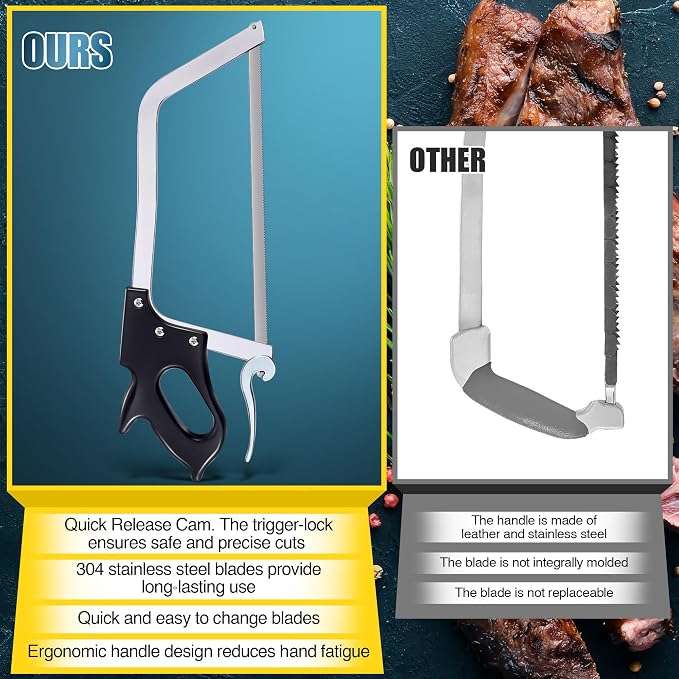 16 Inch Butcher Saw Meat and Bone, Professional Meat Processing Saw with Stainless Steel Blade, Quick Release Black Tightening Cam Comfort Handle, for Household, Processed Livestock and Game