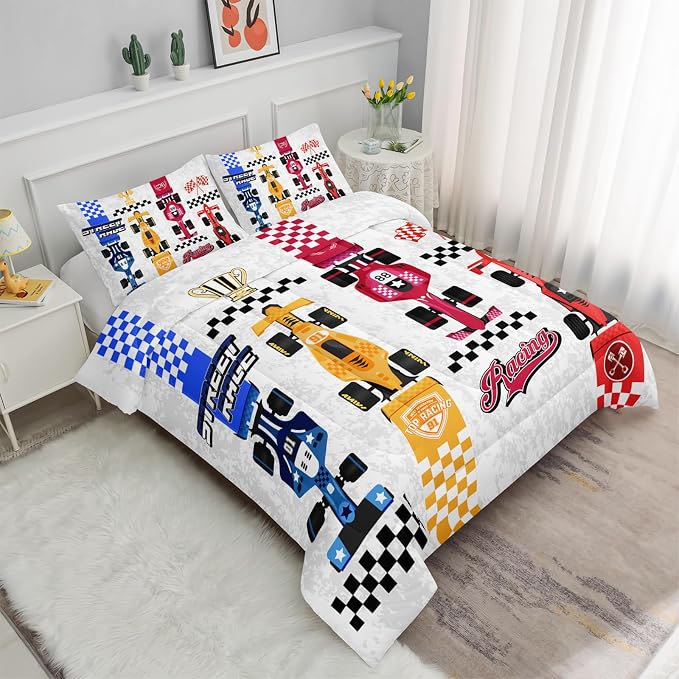 Axolotl Racing Car Comforter Set King Size,Colorful Sports Car Bedding Set for Kids Boys Teen Adult,Extreme Speed Race Bedding,Cars Theme Bedroom Decor with 1 Comforter and 2 Pillowcases