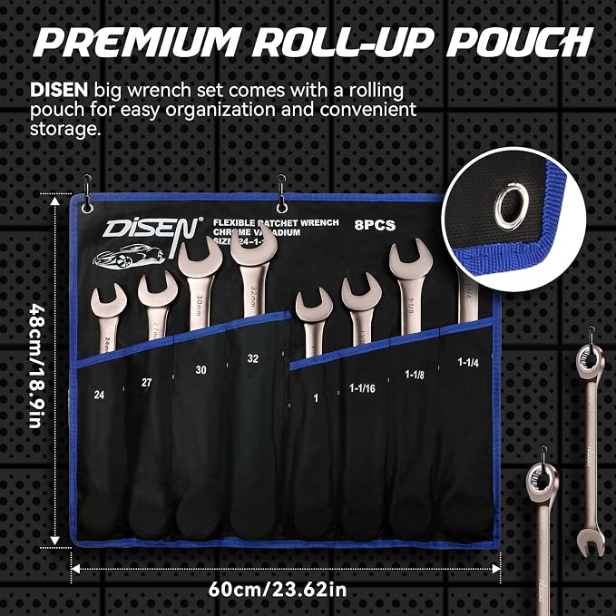 DISEN 8pcs Large Wrench Set Nickel Plating Jumbo Ratcheting Wrench Set | Metric & SAE Combination Wrench Set with Rolling Pouch 24,27,30,32mm & 1'',1-1/16'',1-1/8'',1-1/4'' CR-V Steel Father's Gift
