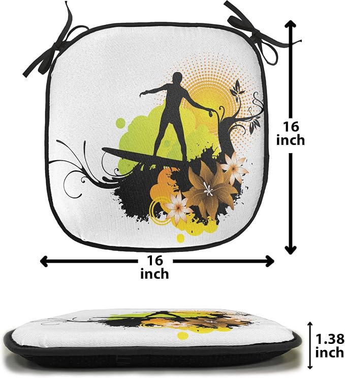 Lunarable Hawaiian Chair Cushion Pads Set of 6, Surf Design Athlete Youth Culture Sea Water Sports Waves Under Sun, Anti-Slip Seat Padding for Kitchen & Patio, 16"x16", Yellow Black Apple Green
