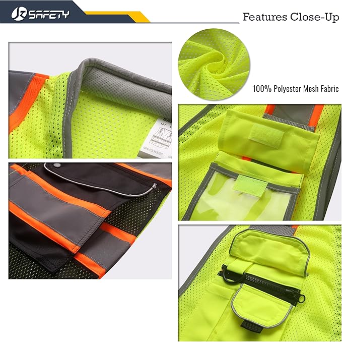 JKSafety 9 Pockets Class 2 Hi-Vis Safety Vest High Visibility Reflecitive Mesh Safety Vests for Men and Women Cushioned Collar Work Utility PPE Work Gear ANSI/ISEA compliant (101-YBlack XXL)