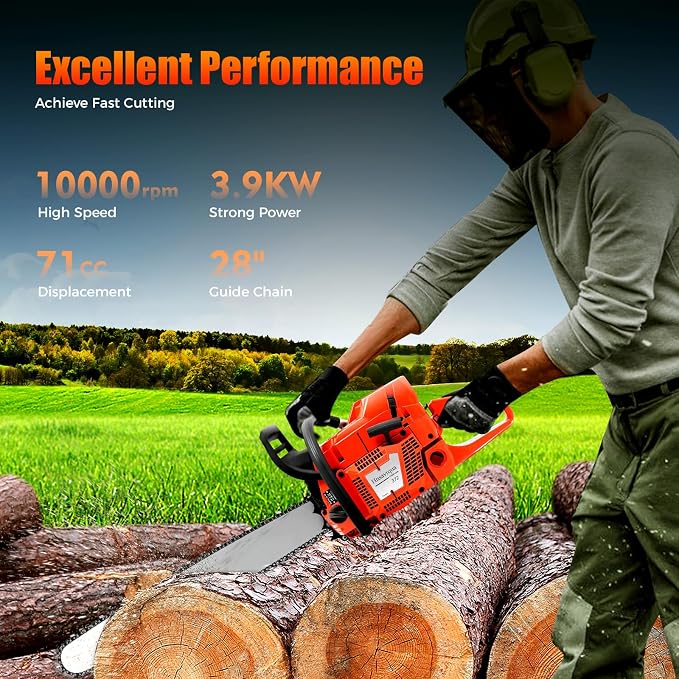Gas Chainsaw 71CC 2-Stroke Gasoline Powered Chainsaw, 28 Inch Handheld Cordless Chain Saw with Air-cooled System, 10000Rpm 3.9Kw High Power Gas Chainsaw for Forest, Wood, Garden Farm Cutting Use