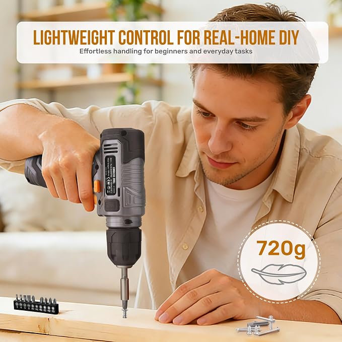 Hi-Spec 8V USB Power Drill Driver Screw Drill Bit Set. Cordless & Rechargeable Electric Drill Driver with Wall Hanging Kit,Gray