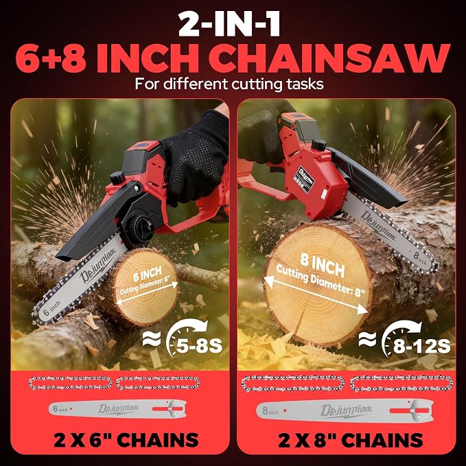 Mini Chainsaw Cordless Compatible with Milwaukee M18 18V Battery (NO Battery), 6 Inch & 8 Inch Small Electric Chainsaw Brushless, 2x 6'' Chains + 2x 8'' Chains, Auto Oiler, Handheld Pruning Chain Saw